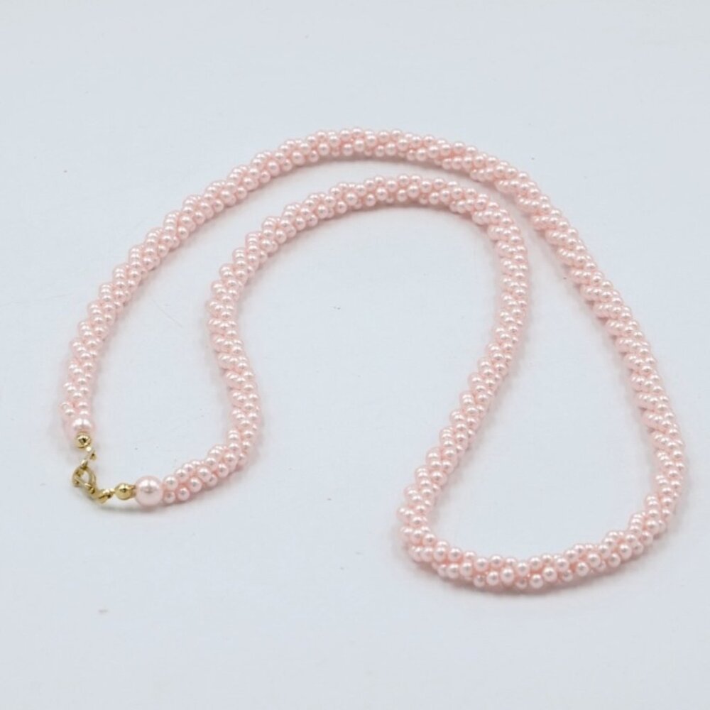 Vintage Faux Pearl Necklace Light Pink 28" Twisted Cluster Strand Goldtone Clasp